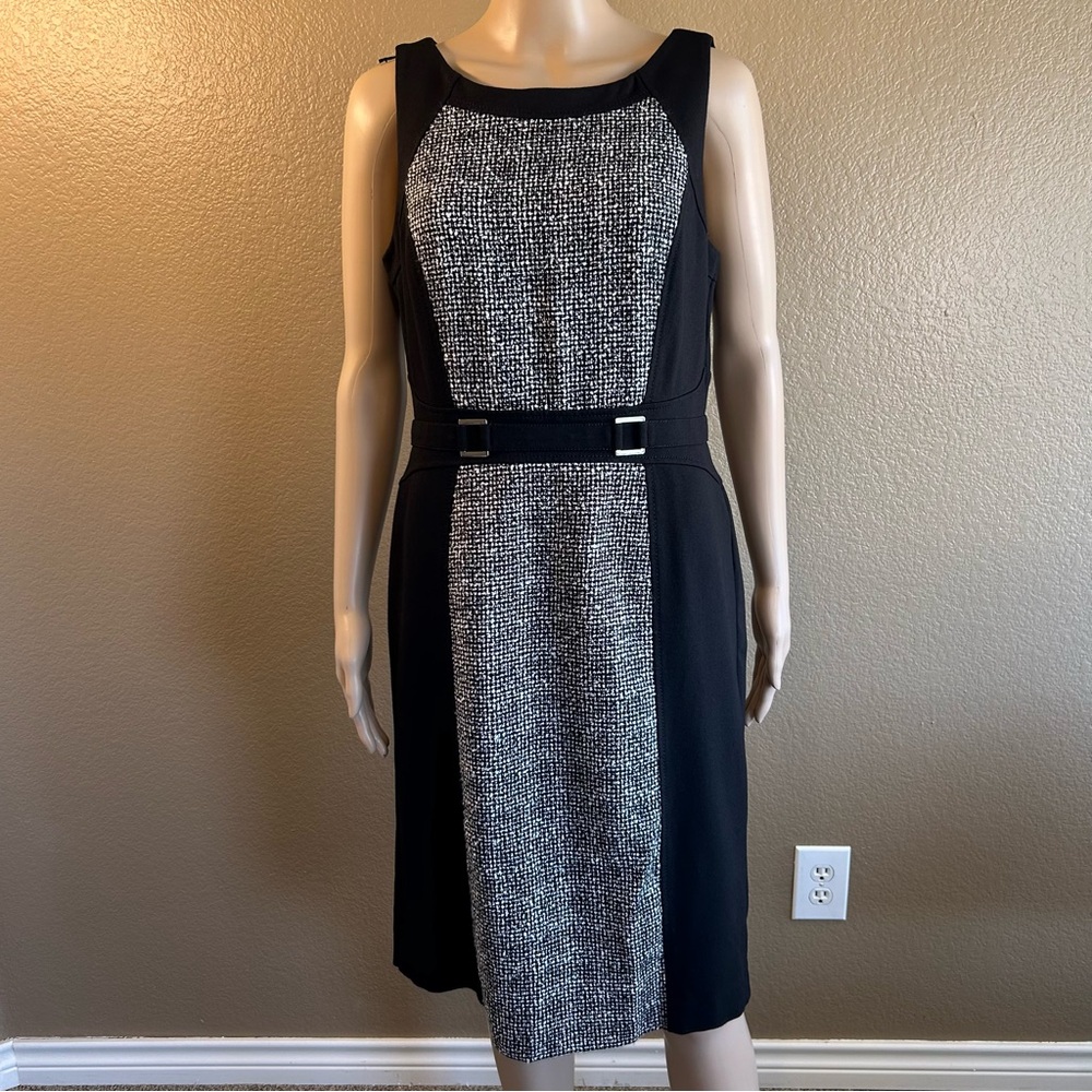 WHBM Womens Sheath Dress Size 10 Black White Tweed Belted Career